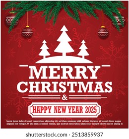 Merry Christmas. Merry Christmas and Happy New Year Red Background Christmas Tree Branches decoration vector. Christmas border with fir branches and decoration ornament elements on a red background.