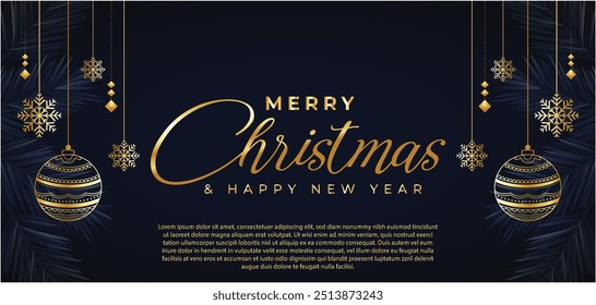 Merry Christmas. Merry Christmas and Happy New Year Background. Black Dark horizontal template creative design with luxury golden line Christmas tree, snowflake decoration, and stars.