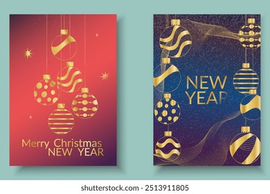 Navidades felices y feliz año Nuevo 2025 tarjeta de felicitación Set, tipografía de diseño moderno invitan carteles, Plantilla, diseño. Días festivos Árbol de navidad de oro y bola, copo de nieve saludo Anuncio de diseño plano