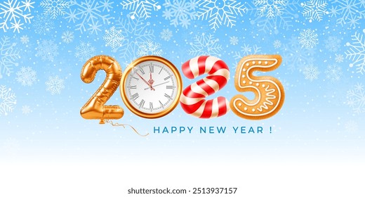 Merry Christmas and Happy New Year 2025. Creative greeting card with numbers 2025, which are made of golden balloon, clock which shows New Year's Eve, gingerbread, candy cane. Vector illustration