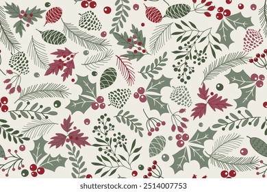 Merry Christmas, Happy New Year seamless pattern with fir cone, holly leaves and berries for greeting cards, wrapping papers. Seamless winter pattern. Vector illustration.