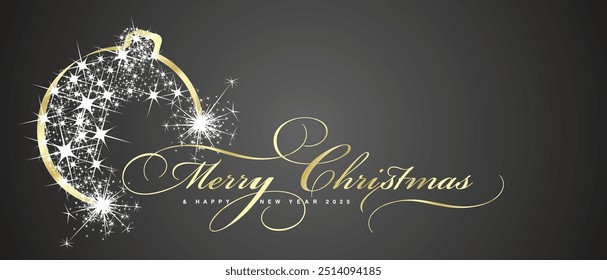 Merry Christmas and Happy New Year 2025 greeting card. Beautiful golden light elegant brush script calligraphy typography. Golden white glitter sparkle Christmas ball ornament