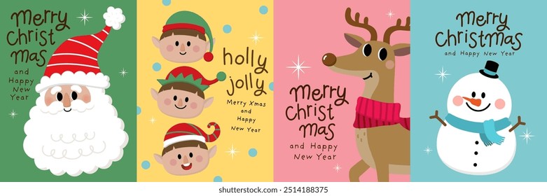 Merry Christmas and happy new year with Santa Claus, snowman, little elf and deer. Holiday cartoon character in winter season. -Vector