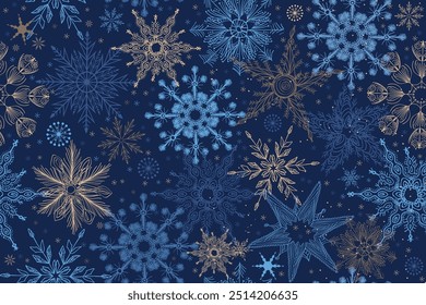 Feliz Natal, Feliz Ano Novo sem emenda padrão com flocos de neve para cartões de saudação, papel de embrulho. Rabiscos. Padrão de inverno contínuo no fundo preto. Ilustração vetorial.