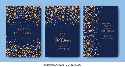 Merry Christmas and Happy New Year. Christmas stars on blue background, greeting cards, flyers, brochures, winter vector illustration.