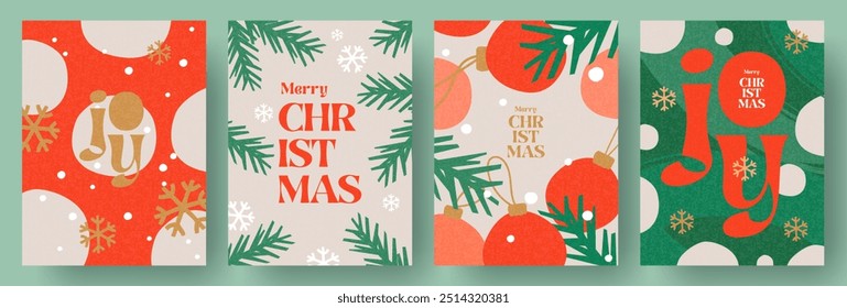 Merry Christmas and Happy New Year greeting card Set. Modern beautiful Xmas design with typography, Christmas tree branches, balls, snowflake pattern. Minimal art banner, poster, cover templates