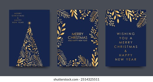 Feliz Natal e Feliz Ano Novo saudação, ilustração vetor de inverno. Conjunto de cartões de saudação, cartazes, com árvore de Natal, plantas de inverno no fundo azul.