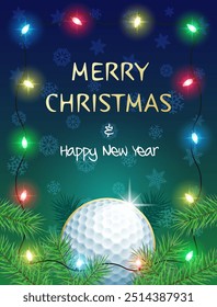 Felices Navidades y Feliz Año Nuevo. Tarjeta de felicitación de los deportes con la bola de golf y las luces de las Navidades. Ilustración vectorial.