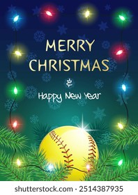 Feliz Natal e Feliz Ano Novo. Cartão de saudação de esportes com bola de Softball e luzes de Natal. Ilustração vetorial.