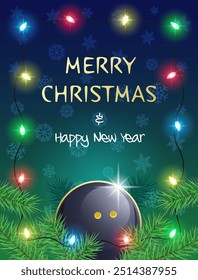 Merry Christmas and Happy New Year. Sports greeting card with Squash ball and Christmas Lights. Vector illustration.