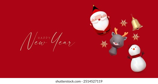 Merry Christmas and Happy New Year celebration with 3D Santa Claus character, Deer, Snowman, golden bell and snowflake.