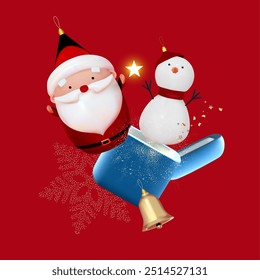 Merry Christmas and Happy New Year celebration with 3D Santa Claus character, golden bell and gift box.