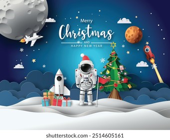 Merry Christmas and happy new year with an astronaut  on the moon. Gifts, space elements, and holiday cheer paper cut art style.