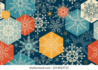 Merry Christmas, Happy New Year seamless pattern with snowflakes for greeting cards, wrapping paper. Doodles. Seamless winter pattern on black background. Vector illustration.