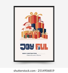 Merry Christmas and Happy New Year vertical flyer or poster template. Modern trendy Matisse minimal style. Hand drawn design for wallpaper, wall decor, print, postcard, cover, template, banner.