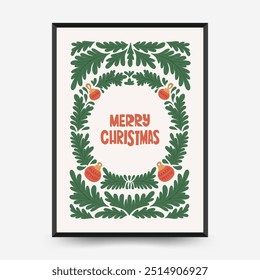 Merry Christmas and Happy New Year vertical flyer or poster template. Modern trendy Matisse minimal style. Hand drawn design for wallpaper, wall decor, print, postcard, cover, template, banner.