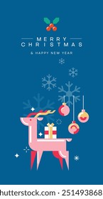 Tarjeta de felicitación de feliz Navidad y feliz año nuevo con Elementos festivos de renos y Navidades. Anuncio de Festiva, cartel de Web, folleto, folleto con estilo, tarjeta de felicitación, cubierta. Fondo de Navidad. 