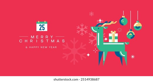 Merry Christmas and happy new year greeting card with Reindeer and Christmas festive elements. Holiday banner, web poster, flyer, stylish brochure, greeting card, cover. Xmas background. 