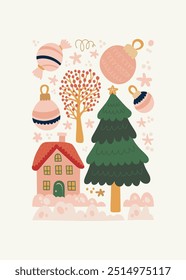 Merry Christmas and Happy New Year illustration. Modern trendy minimal style. Hand drawn design for wallpaper, wall decor, print, postcard, cover, template, banner.