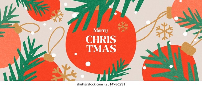 Feliz Navidades y feliz año Nuevo tarjeta de felicitación o Anuncio de Web. Diseño hermoso moderno de la Navidad con la tipografía, ramas del árbol de Navidad, bolas, patrón del copo de nieve. Cartel de arte mínimo, Plantilla de la cubierta