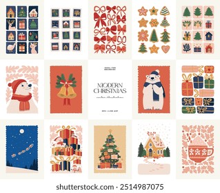 Merry Christmas and Happy New Year illustration. Modern trendy minimal style. Hand drawn design for wallpaper, wall decor, print, postcard, cover, template, banner.