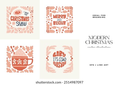 Merry Christmas and Happy New Year illustration. Modern trendy minimal style. Hand drawn design for wallpaper, wall decor, print, postcard, cover, template, banner.