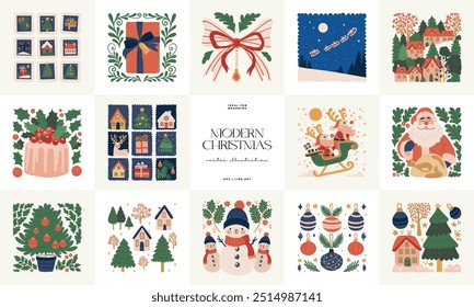 Merry Christmas and Happy New Year illustration. Modern trendy minimal style. Hand drawn design for wallpaper, wall decor, print, postcard, cover, template, banner.