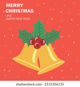 Merry Christmas and Happy New Year greeting card or web banner. Modern beautiful Xmas design with Christmas bells, holly, and typography on red background. Minimal art poster, cover template