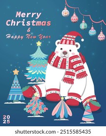 Merry Christmas and Happy New Year greeting card template set with Christmas trees and cute polar bear. Modern Trendy Christmas Cards. Vector Design template. Perfect for poster and banner.