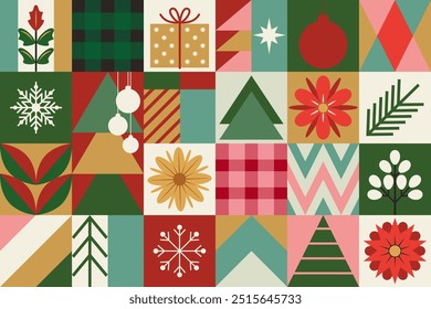 Merry Christmas and happy new year seamless geometric modern background squares trendy design. Minimalist Bauhaus style Christmas icons for wallpaper, packaging, banner, postcard, cover, advertisement