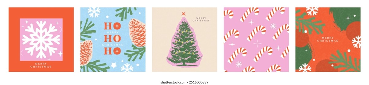 Merry Christmas and Happy new year set of greeting cards. Retro Xmas art design with fir cone, Christmas tree, caramel cane and snowflakes. Postcard, poster, flyer, mock up, cover in simple flat style