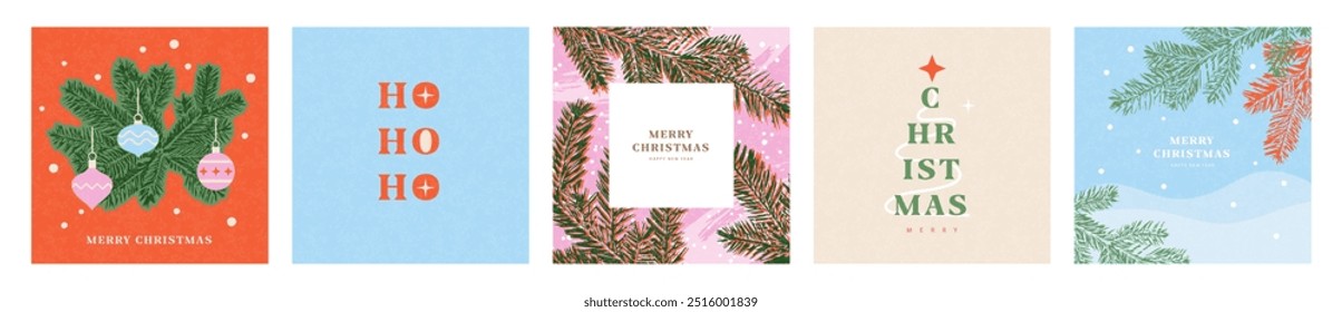 Merry Christmas and Happy new year set of greeting cards. Retro Xmas art design with fir branches, Christmas tree balls and snowflakes. Postcard, poster, flyer, mock up, cover in simple flat style.