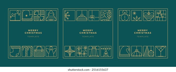 Feliz Navidades y tarjeta de feliz año nuevo, Plantilla de Anuncio. Línea de diseños de invierno simples de lujo, fondos.