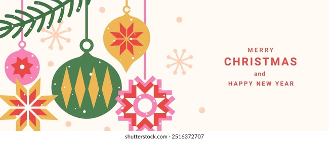Merry Christmas and Happy New Year banner. Trendy modern geometric design with Christmas balls and decorations in gold, red, green colors.