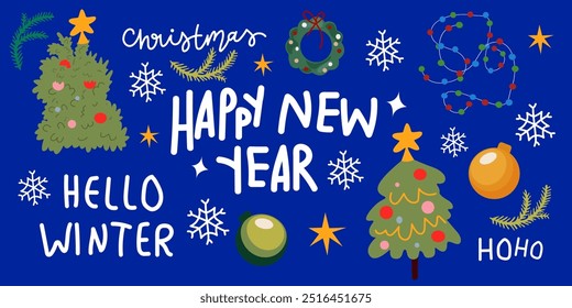 Merry Christmas and Happy New Year vector flat elements in retro groovy style. Christmas wreath, set of various Christmas trees, toys and gifts. Winter holiday