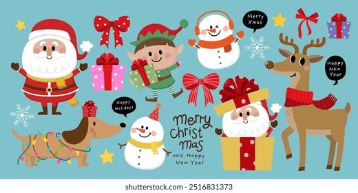 Merry Christmas and happy new year with Santa Claus, elf, snowman deer, ornament, red ribbon and dog. Holiday cartoon character in winter season. -Vector
