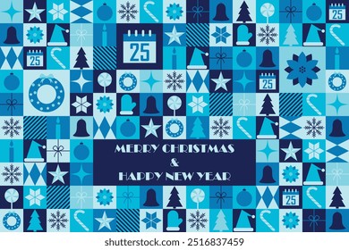 Merry Christmas and Happy New Year festive banner template. Greeting card for winter holidays with abstract geometric pattern. Vector illustration