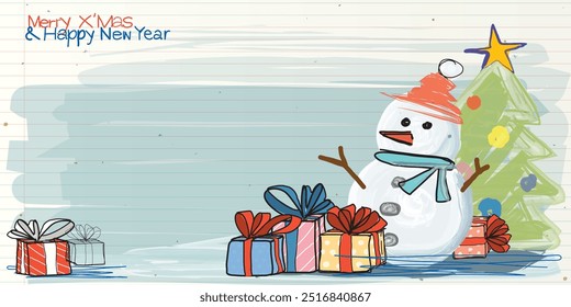 Merry Christmas and Happy New Year hand drawn style on old notebook paper graphic illustration have blank space.