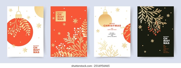 Merry Christmas and Happy New Year greeting card Set. Beautiful Xmas banner templates with Christmas tree branches, balls, snowflakes. Vector design for poster, cover, mobile app, social media, flyer