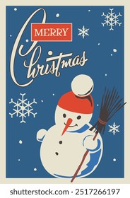 Merry Christmas and Happy New Year Greeting Card. Retro Style Postcard. Cute Snowman, 1950s - 1960s Style Christmas Illustration 
