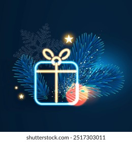 Merry Christmas and Happy New Year Holiday background with neon gift box, fir tree branch, bokeh effect and lights.