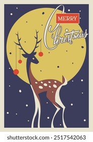 Merry Christmas and Happy New Year Retro Style Greeting Cards. Cute Reindeer with XMAS Decorations. Full Moon and Snowfall. 1950s - 1960s Style Christmas Illustration 
