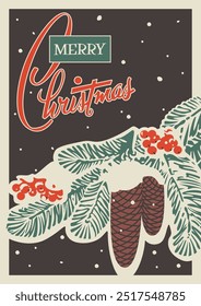 Merry Christmas and Happy New Year Retro Style Greeting Cards. XMAS Tree, Spruce Branch, Fir Cones, Rowan, Wall Clock, Snowflakes. 1950s - 1960s Style Christmas Illustration