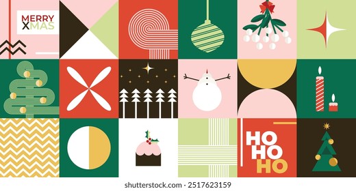 Merry Christmas and Happy New Year geometric abstract ornamental elements. Christmas symbols. Modern Christmas geometric background, bauhaus style