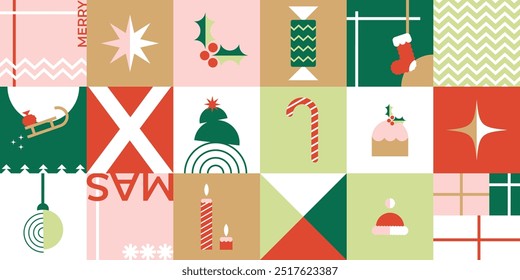 Merry Christmas and Happy New Year geometric abstract ornamental elements. Christmas symbols. Modern Christmas geometric background, bauhaus style