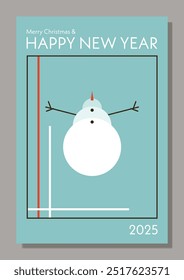 Tarjeta de felicitación feliz de las Navidades y del año Nuevo feliz, diseño del cartel del acontecimiento en estilo geométrico abstracto moderno. Ilustración conceptual con muñeco de nieve