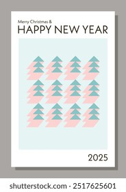 Merry Christmas and Happy New Year greeting card, event poster layout in modern abstract geometric style. Conceptual illustration with Christmas tree farm, bauhaus style