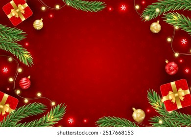 Feliz Natal Feliz Ano Novo saudação fundo com filial de Natal, bolas, flocos de neve. Para venda, banner, cartazes, modelos de design de capa, histórias de papel de parede de mídia social. conceito xmas 2025