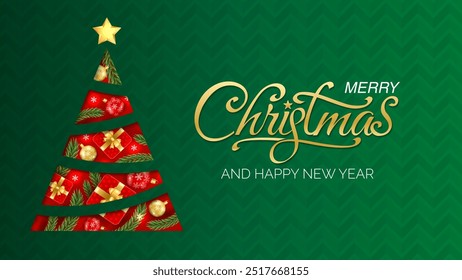 Merry Christmas Happy New Year greeting background with Christmas branch, balls, snowflakes. For sale, banner, posters, cover design templates, social media wallpaper stories. 2025 xmas concept