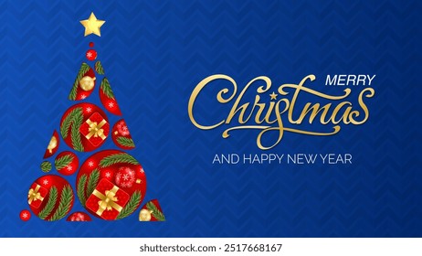 Merry Christmas Happy New Year greeting background with Christmas branch, balls, snowflakes. For sale, banner, posters, cover design templates, social media wallpaper stories. 2025 xmas concept